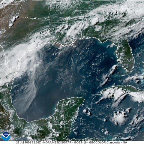 GOES-16 GeoColor satellite image showing Tropical Storm Bertha and the Gulf of Mexico