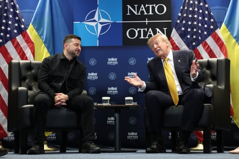 US President Trump and Ukrainian President Zelenskyy at the NATO Ankara summit where the Patriot missile production license was announced
