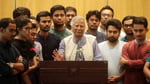 Muhammad Yunus speaking to media at Dhaka airport after being named head of Bangladesh interim government August 2024