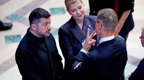 Ukrainian President Zelensky speaks with Finnish President Stubb before Senator Graham funeral at Washington National Cathedral