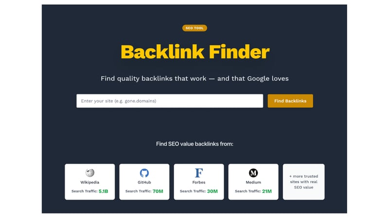 Backlink finder interface shows form of finding backlinks and from what trusted websites you will have backlinks 