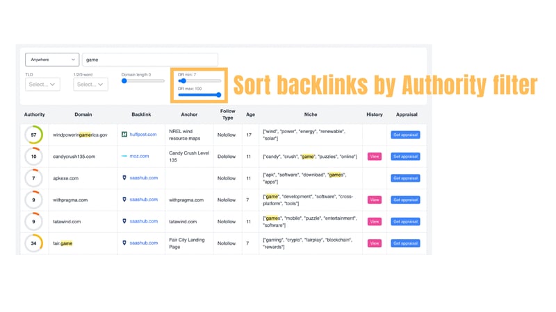 GoneDomains has the authority backlink filter which helps to search for quality and authority expired domains and backlinks.
