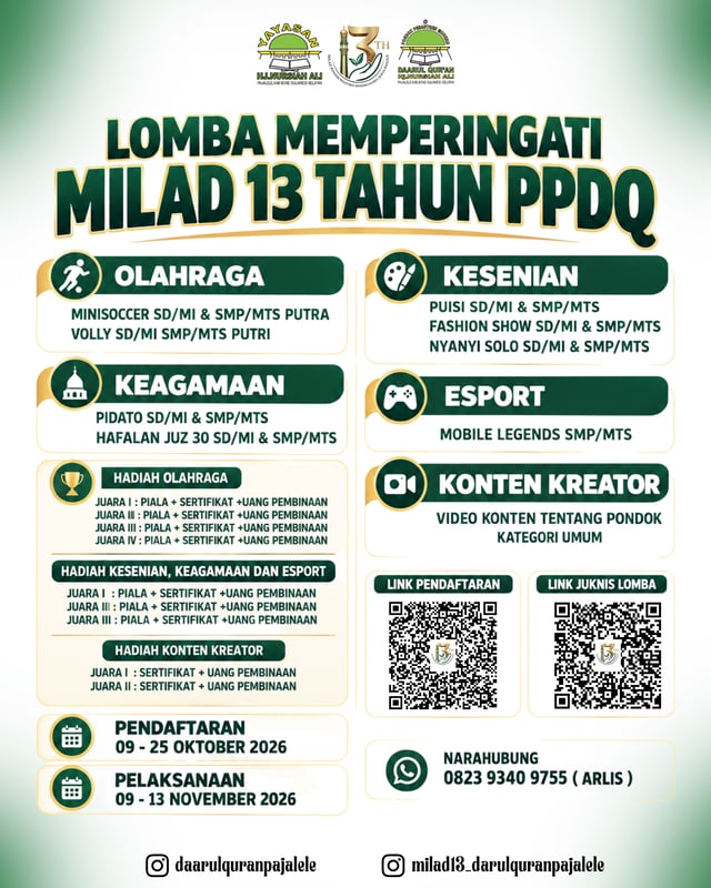 Semarakkan Milad ke-13, Pondok Pesantren Modern Daarul Qur'an Pajalele Gelar Rangkaian Lomba Antar Pelajar dan Umum