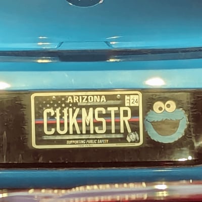 License plate: CUKMSTR,  State: AZ