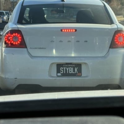 License plate: STYBLK,  State: CO
