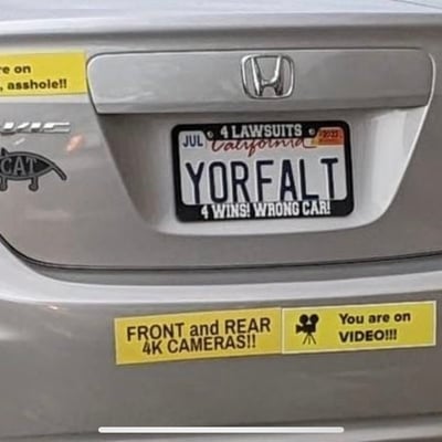 License plate: YORFALT,  State: CA