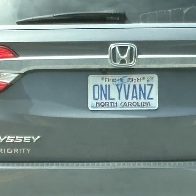 License plate: ONLYVANZ,  State: NC