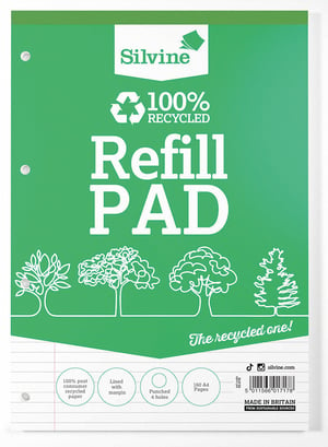 Silvine A4 100% Recycled Refill Pad 160 Pages Lined with Margin from Harrisons Direct