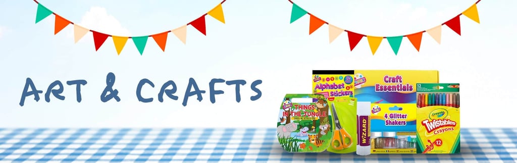 Summer holiday art & craft supplies - scissors, glue stick, Crayola twistables, craft essentials kit and stickers