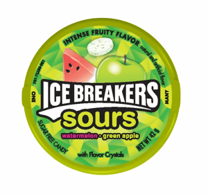 A tub of Watermelon and Green Apple Ice Breakers Fruit Sours from Harrisons Direct