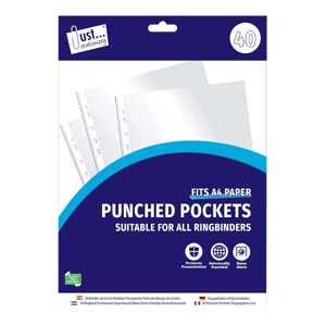 Just Stationery Clear Plastic Punched Pockets 40's from Harrisons Direct