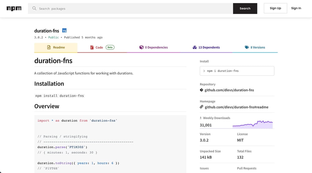 duration-fns npm package screenshot
