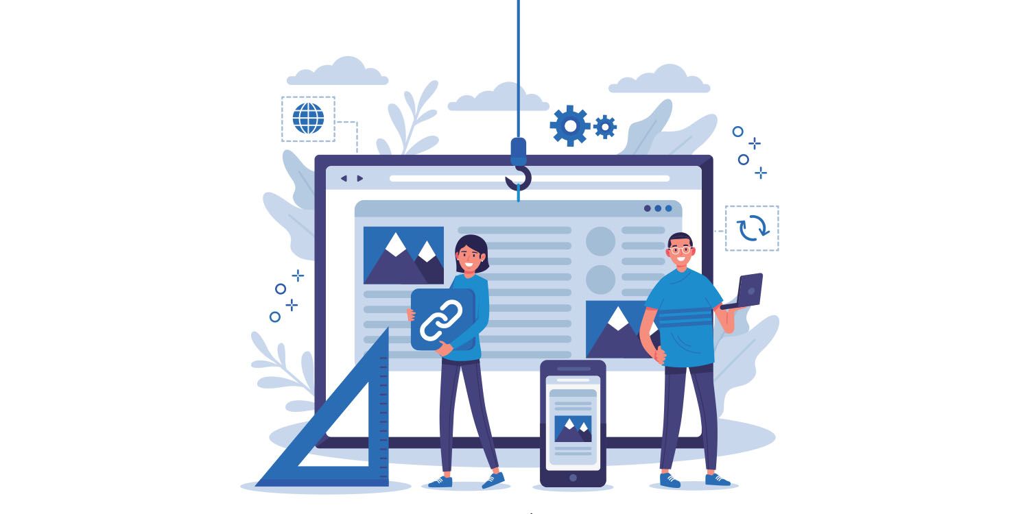 Illustration of people connecting web pages with a webhook