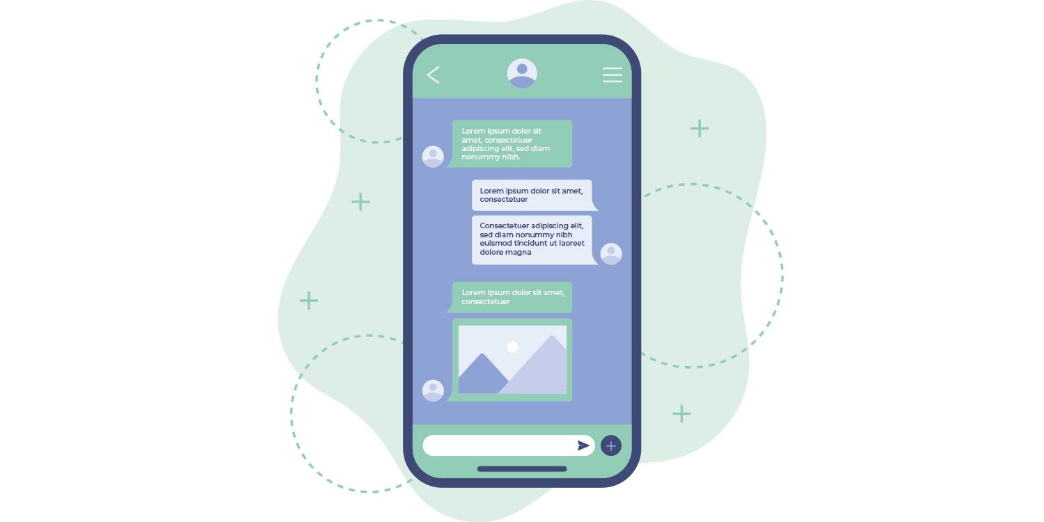 Illustration of a WhatsApp chat flow on a smartphone