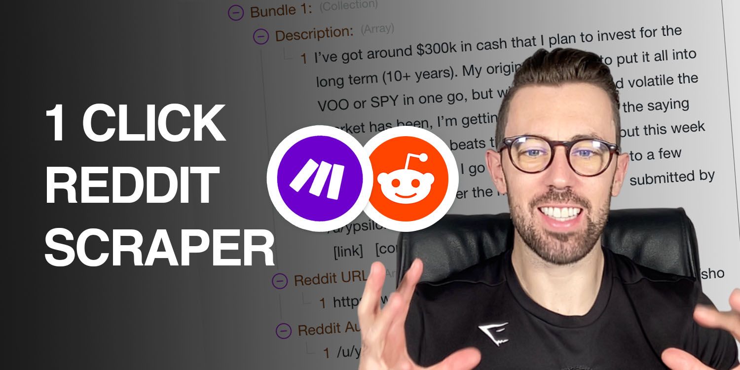 Joshua Thompson with Make.com and Reddit logos beside “1 Click Reddit Scraper”