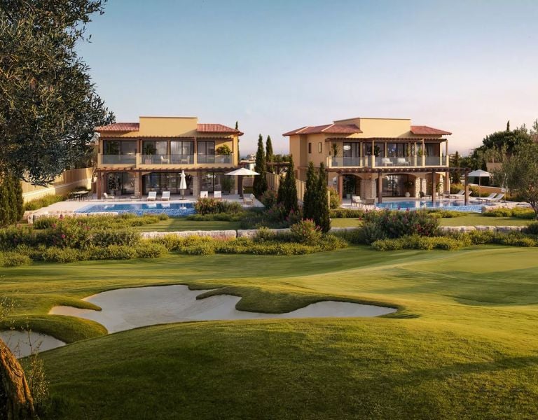 Two villas at Aphrodite Hills Resort, Cyprus, with modern design, private pools, and golf course views.