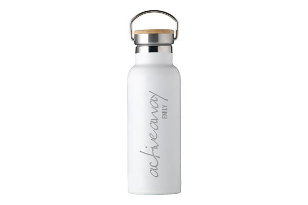 White Active Away water bottle with a wooden lid, stainless-steel handle, and personalised 'Emily' name.