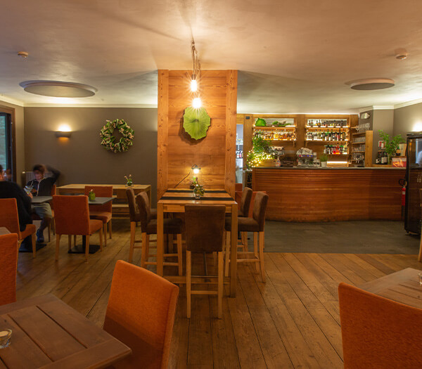 Interior of Bar Cristallo showing warm wooden furnishings, soft ambient lighting, and a stocked bar in the background with patrons sitting at tables.