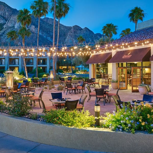 Outdoor dining area at El Conquistador Gallery with wooden tables, string lights, greenery, palm trees, and a mountainous backdrop.