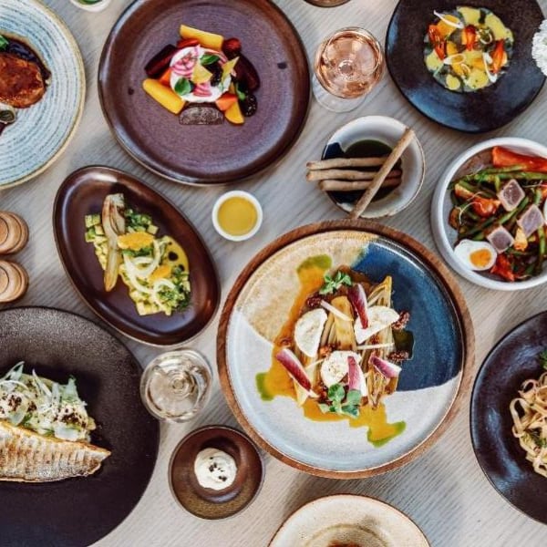 Overhead view of gourmet dishes at Ikos Aria, displaying mixed foods such as grilled fish, pasta, salads, and desserts on elegant plates.