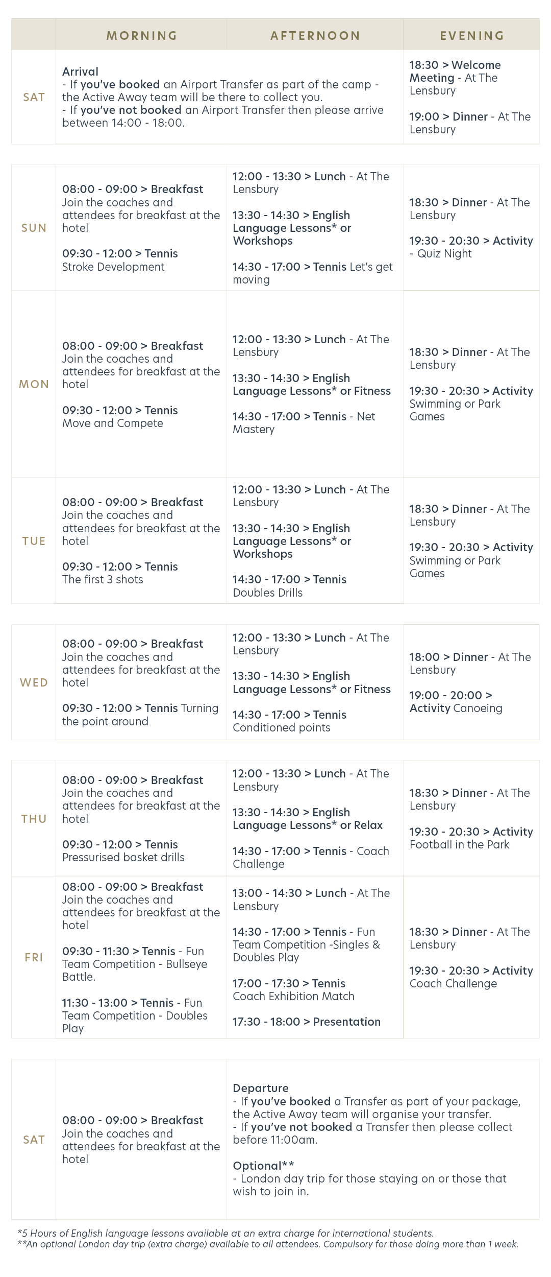 Lensbury Juniors portrait itinerary showing a weekly schedule including tennis sessions, English lessons, and activities from morning to evening.
