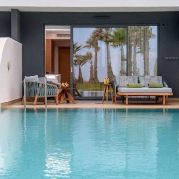 Private pool area at Lyttos Gallery with outdoor seating, featuring palm trees and garden view through large glass doors.