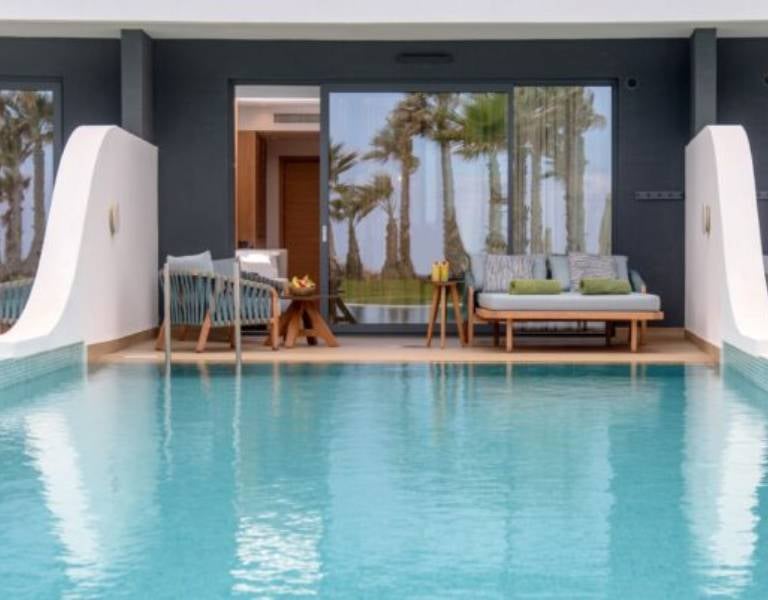 Private pool area at Lyttos Gallery with outdoor seating, featuring palm trees and garden view through large glass doors.