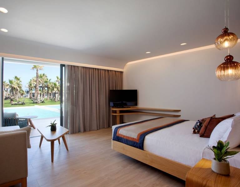 Hotel room at Lyttos Gallery with a bed, sofa, and TV, overlooking palm trees through a glass door.