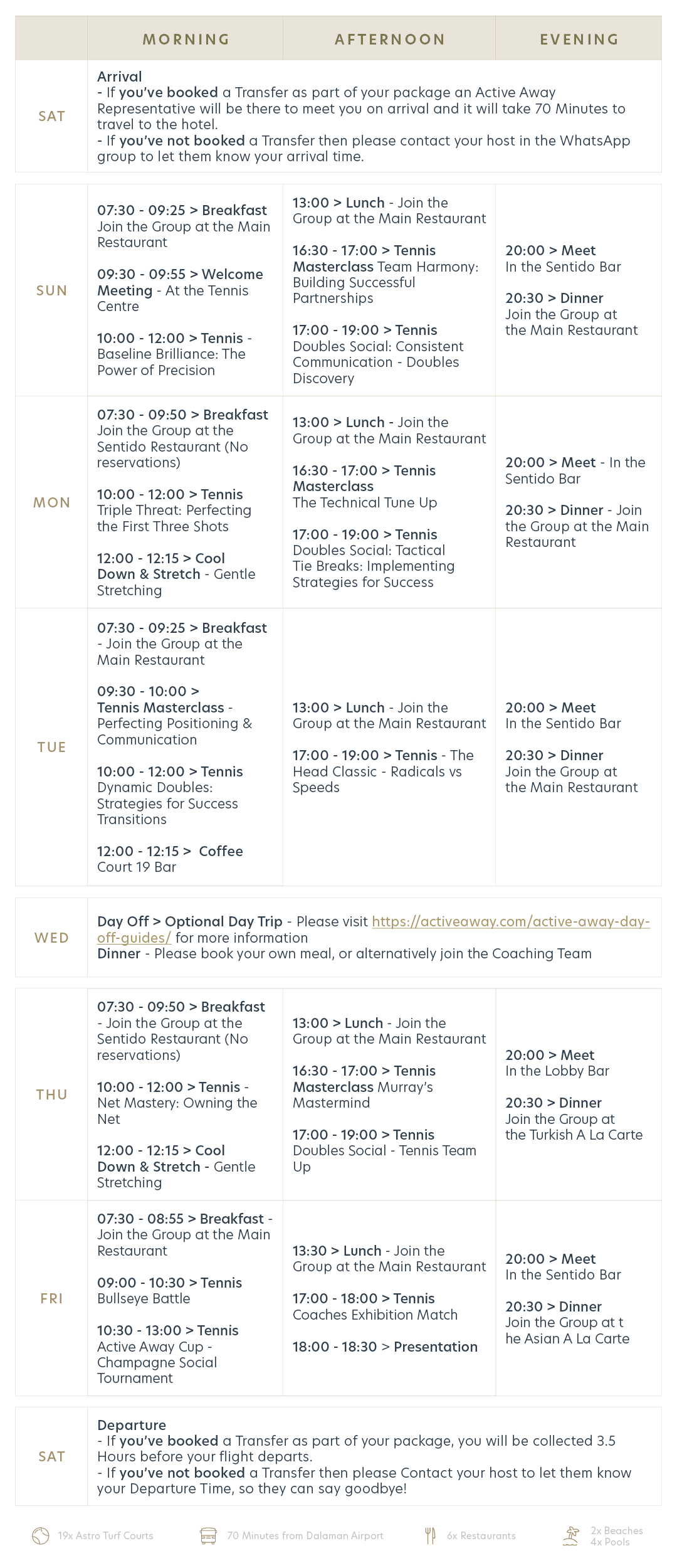 Portrait-format itinerary for a tennis holiday package, outlining daily schedules of meals, tennis sessions, and activities from Saturday to Saturday.