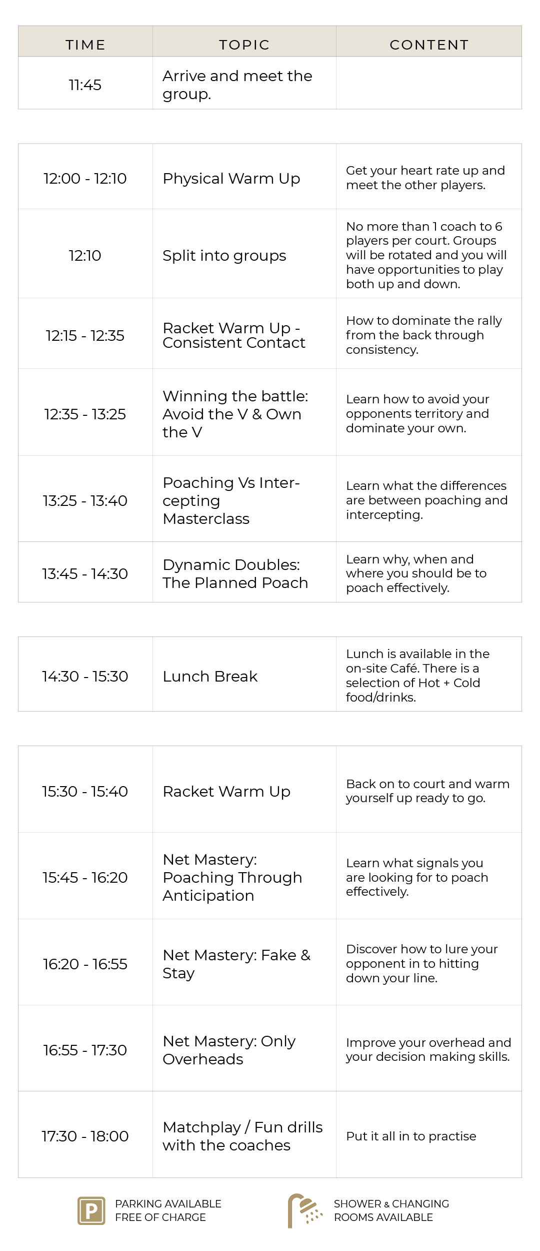 Schedule for a Sunday DL Bristol tennis session, detailing warm ups, strategy lessons, coaching drills, and facilities like parking and showers.