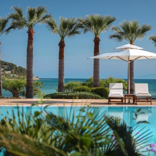 Sani Beach pool lounge with two sun loungers, umbrella, palm trees, a pool, and the sea in the background.
