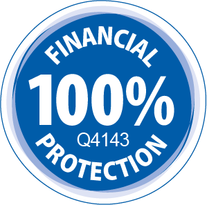 Blue circular logo with '100% Financial Protection' and code 'Q4143' in white text, symbolising security and reliability.