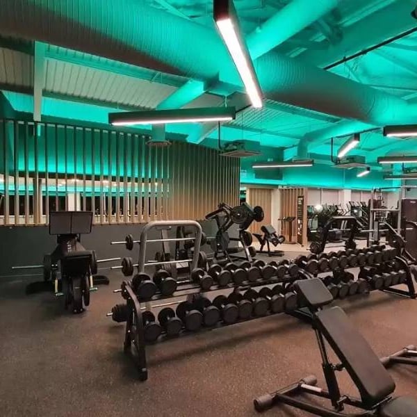Modern gym at The Lensbury with free weights, benches, and cardio machines under green ambient lighting.