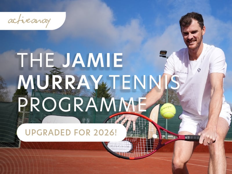 Jamie Murray on a tennis court promoting The Jamie Murray Tennis Programme with 2026 upgrades.
