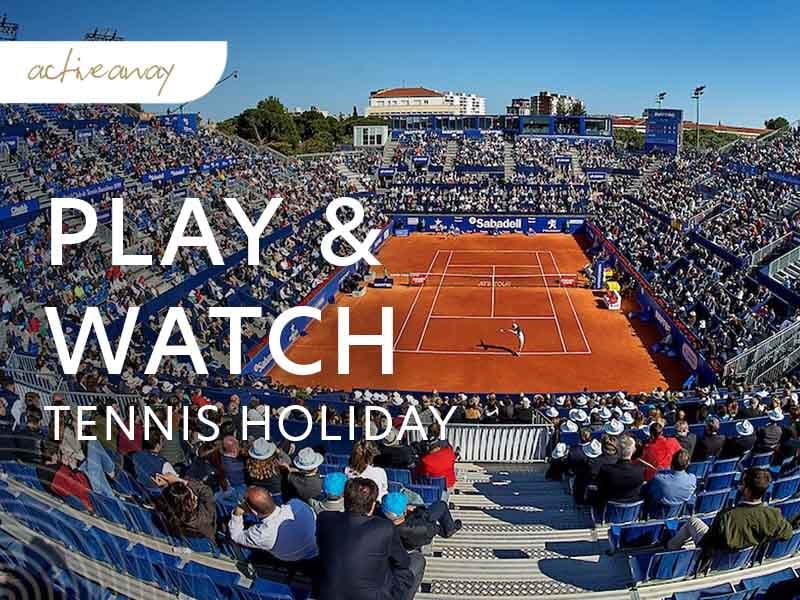 Tennis stadium during a match with spectators and 'Play & Watch Tennis Holiday' text, by Active Away.