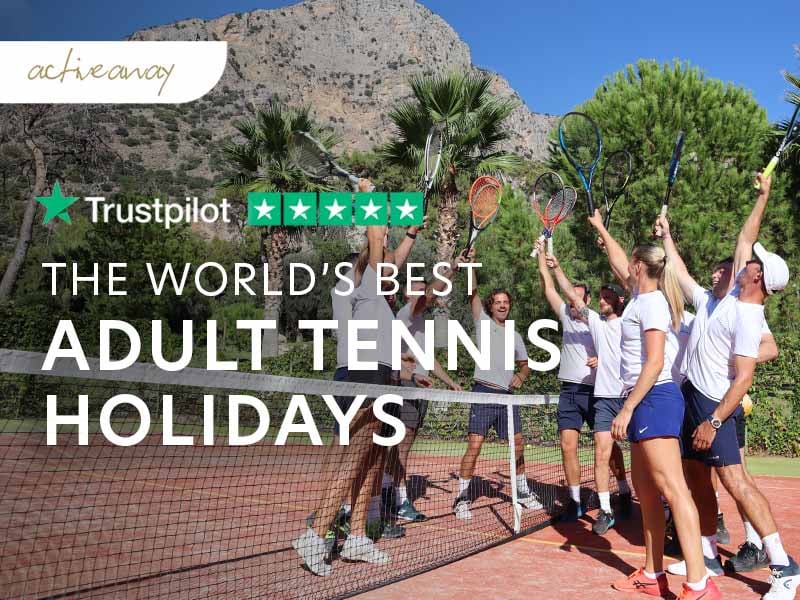 Adults celebrating on a tennis court with raised rackets, promoting Active Away's top-rated tennis holidays with a Trustpilot 5-star badge.