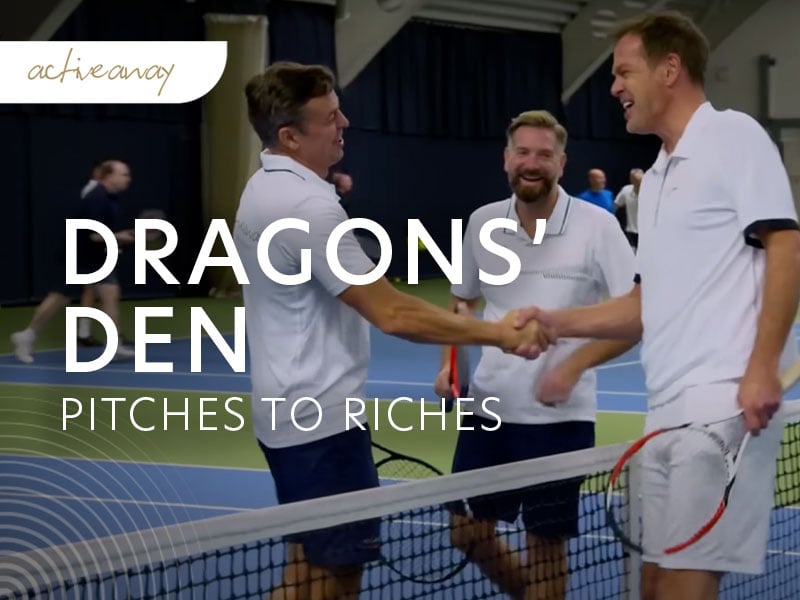 Video thumbnail for 'Dragons' Den: Pitches to Riches', showing three men in tennis outfits shaking hands on a tennis court.