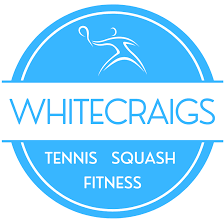 Whitecraigs Tennis Centre logo with blue circle, tennis figure, and text 'Tennis Squash Fitness'.
