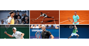 Collage of six professional tennis players in action on various court surfaces, demonstrating skill and agility in competitive matches.
