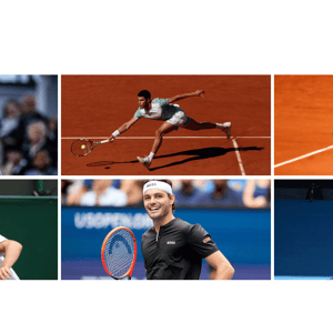 Collage of six professional tennis players in action on various court surfaces, demonstrating skill and agility in competitive matches.