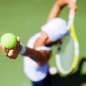Close-up of a tennis player serving on a green court, focusing on their hand holding a tennis ball and their racket in the background.