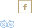 Social media icons of Facebook in a square box and the blue TripAdvisor owl.