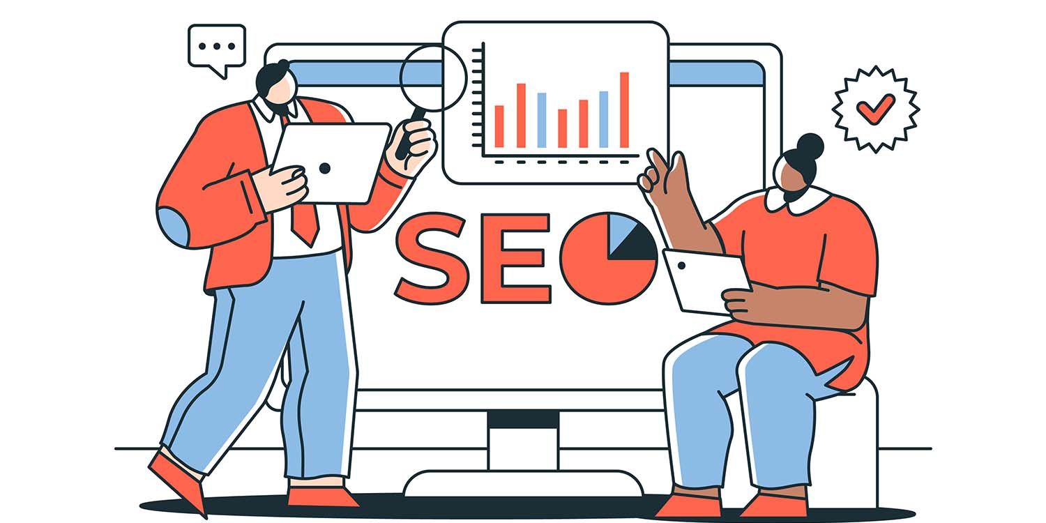 Illustration of two people reviewing WordPress image SEO