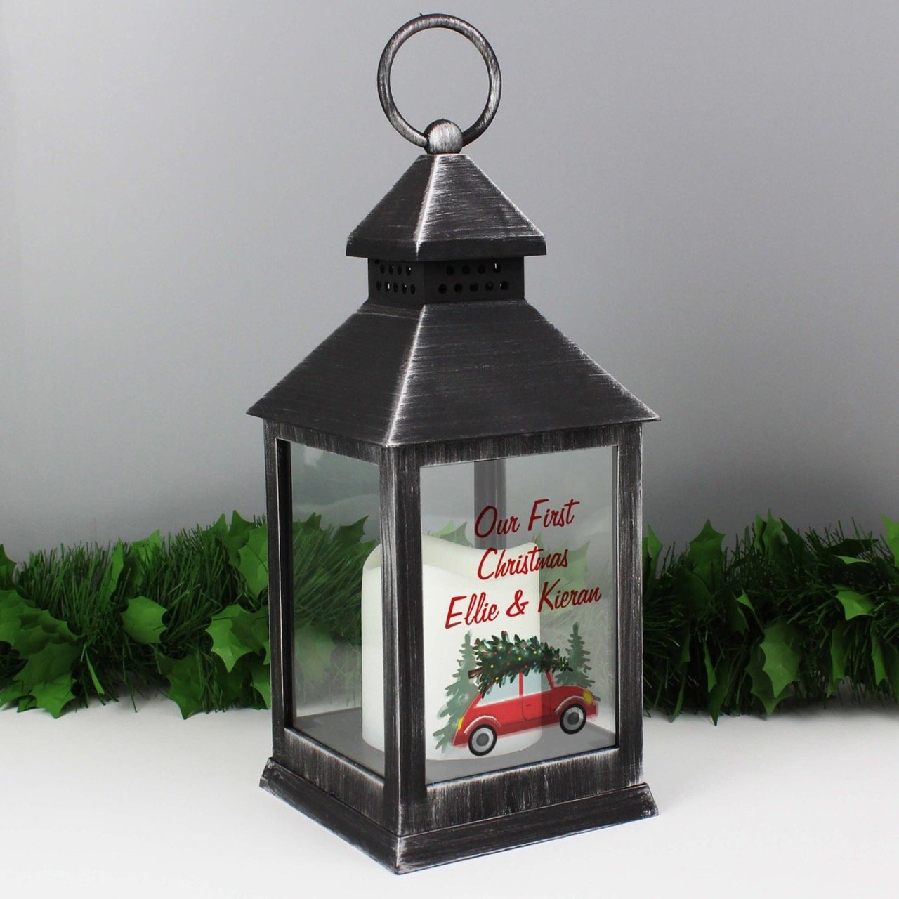 Personalised 'Driving Home For Christmas' Black Lantern