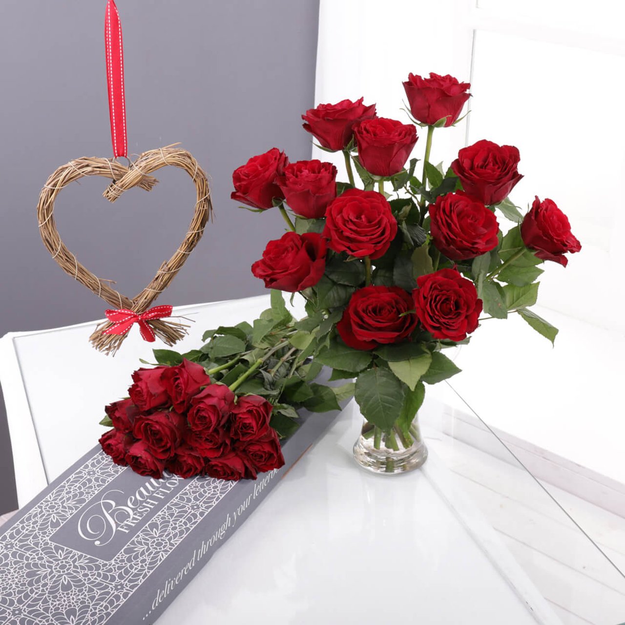 Personalised Letterbox Roses - Red & Willow Heart