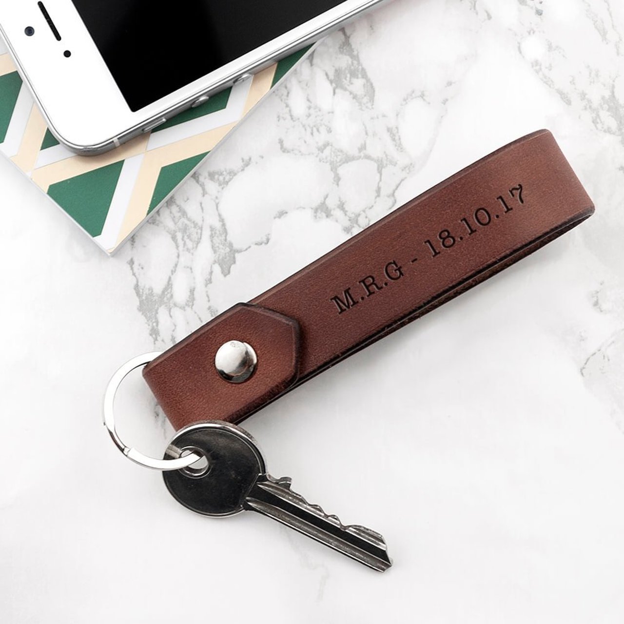 Personalised Brown Leather Key Ring - Your Message