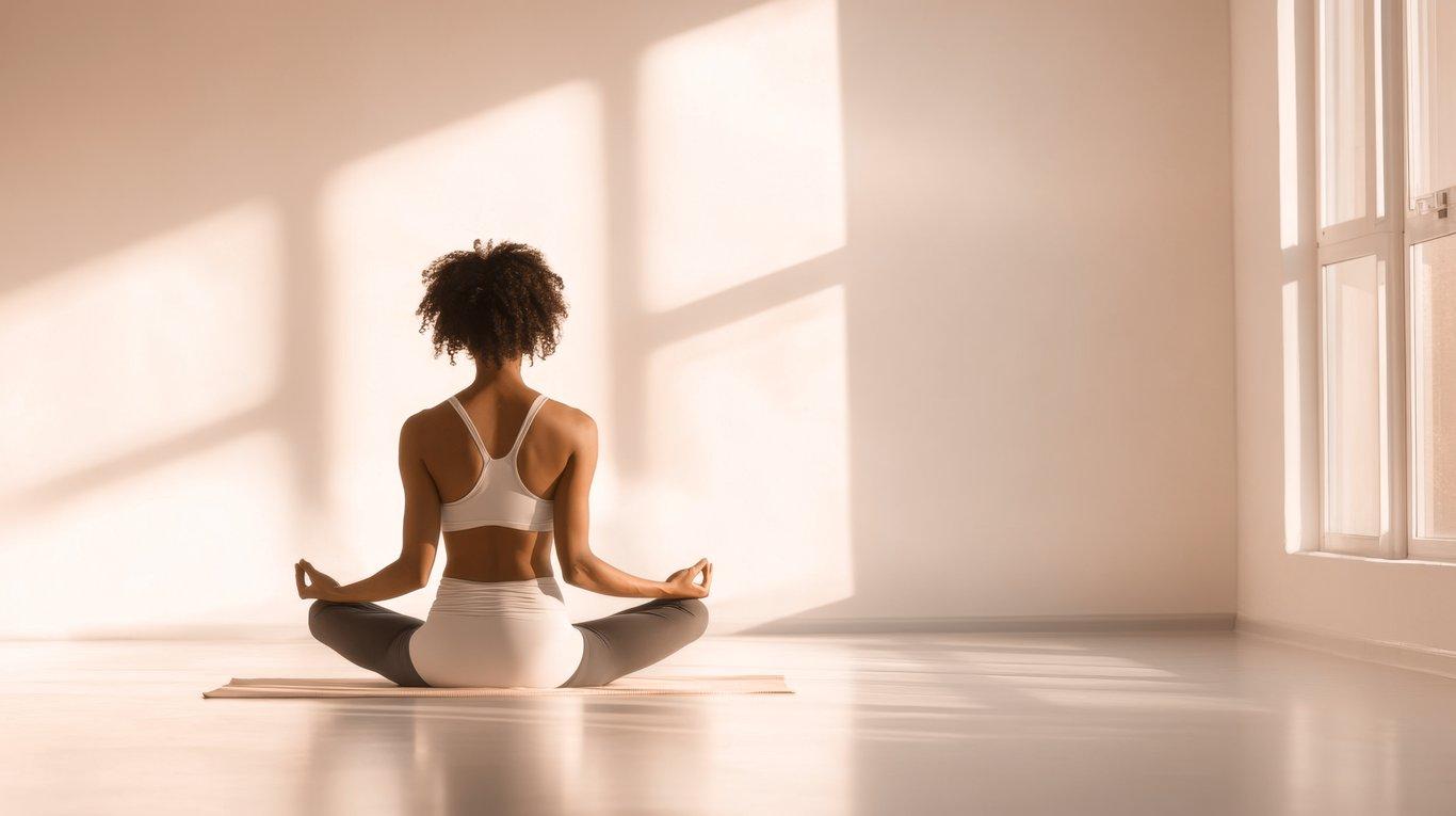 Frau im Schneidersitz beim Yoga in hellem Raum mit Sonnenlicht 