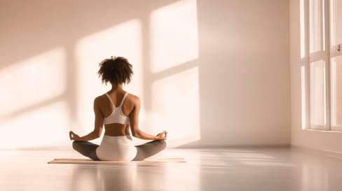 Frau im Schneidersitz beim Yoga in hellem Raum mit Sonnenlicht 