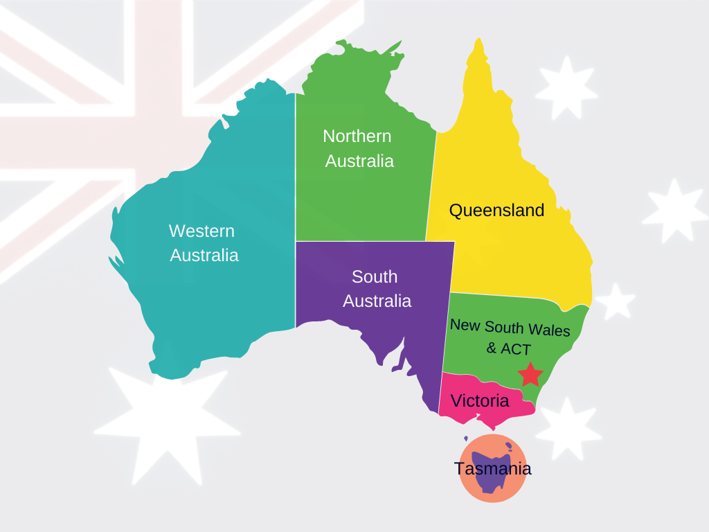 Map of Australia with the regions in different colours