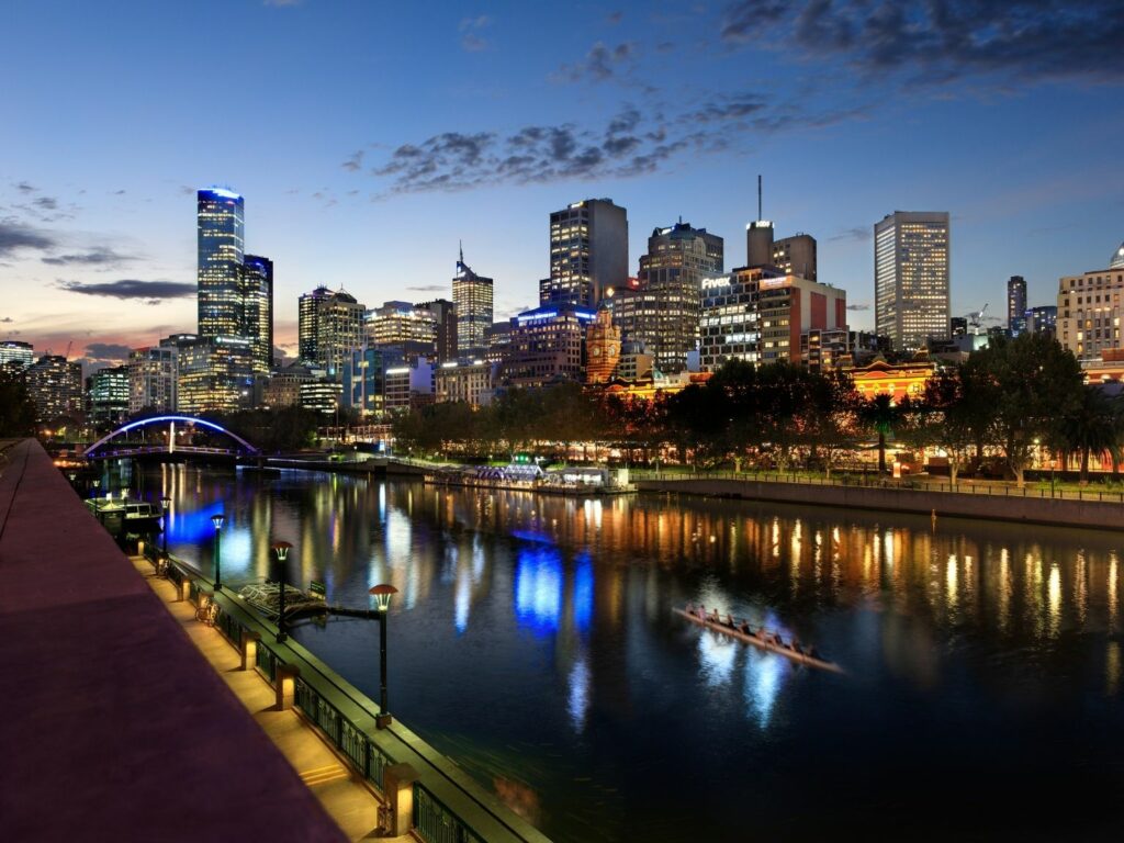 Melbourne city skyline during sunset